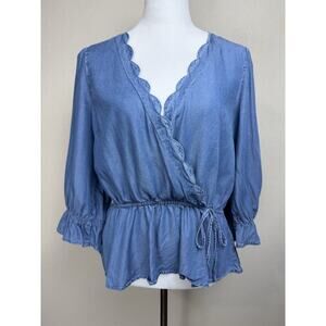Haute Monde Women's Blouse Top Soft Denim Elastic Waist Faux Wrap Sz. XL